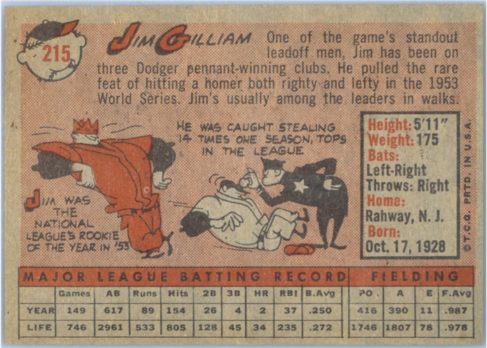1958 Topps #215 Jim Gilliam, Los Angeles Dodgers card back