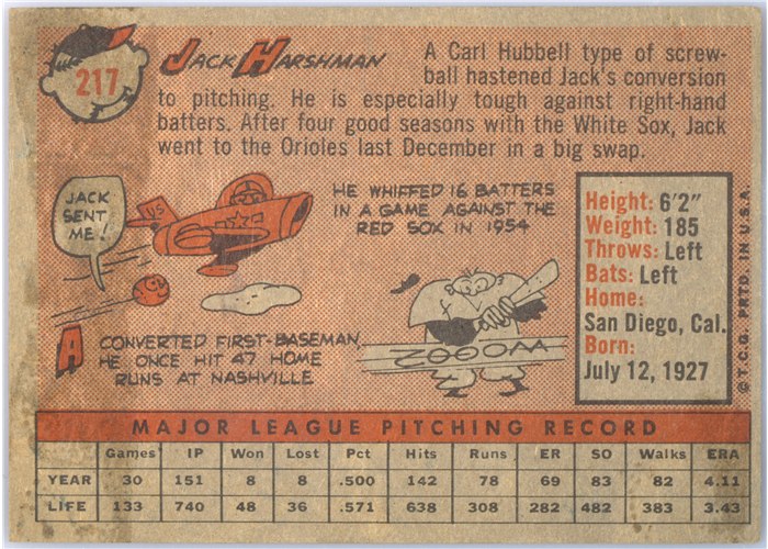 1958 Topps #217 Jack Harshman, Baltimore Orioles card back