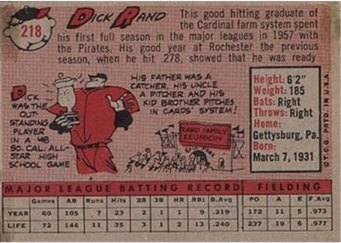 1958 Topps #218 Dick Rand, Pittsburgh Pirates card back