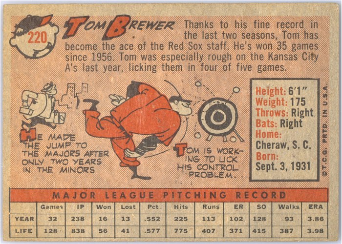 1958 Topps #220 Tom Brewer, Boston Red Sox card back