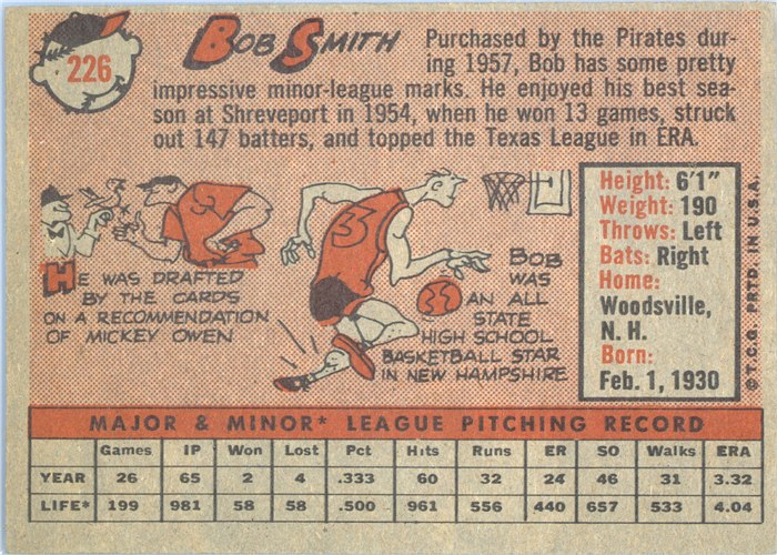 1958 Topps #226 Bob Smith, Pittsburgh Pirates card back