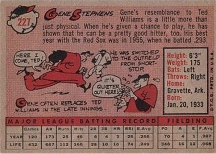 1958 Topps #227 Gene Stephens, Boston Red Sox card back