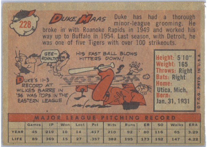 1958 Topps #228 Duke Maas, Kansas City Athletics card back