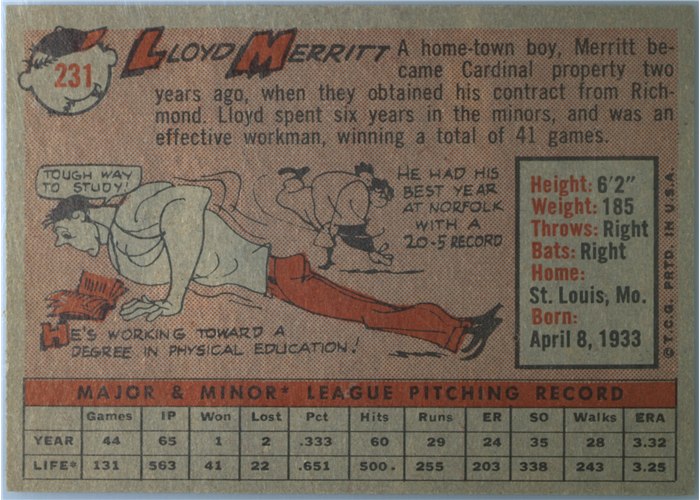 1958 Topps #231 Lloyd Merritt, St. Louis Cardinals card back