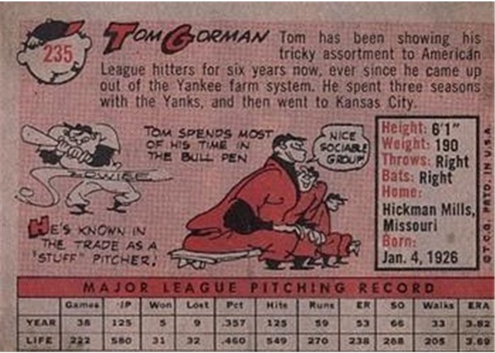 1958 Topps #235 Tom Gorman, Kansas City Athletics card back