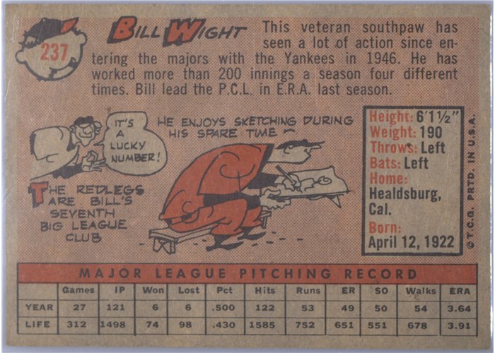 1958 Topps #237 Bill Wight, Cincinnati Reds card back