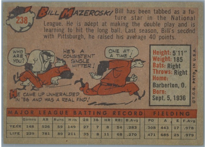 1958 Topps #238 Bill Mazeroski, Pittsburgh Pirates card back