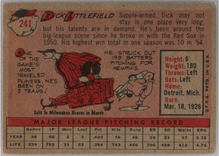1958 Topps #241 Dick Littlefield, Chicago Cubs card back