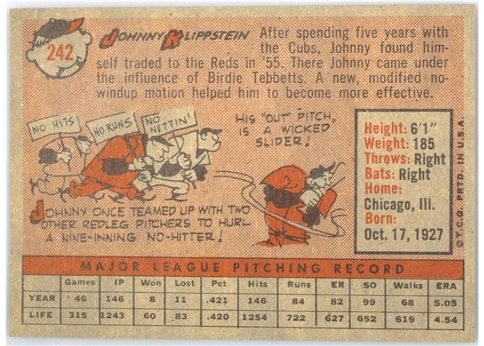 1958 Topps #242 Johnny Klippstein, Cincinnati Reds card back