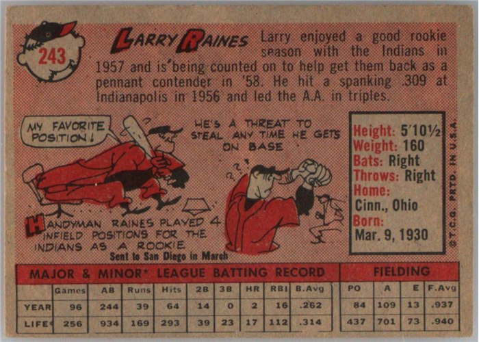 1958 Topps #243 Larry Raines, Cleveland Indians card back