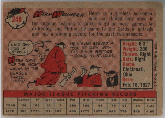 1958 Topps #248 Herm Wehmeier, St. Louis Cardinals card back