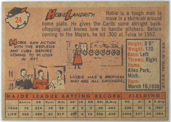 1958 Topps #24B Hobie Landrith, St. Louis Cardinals, Yellow Name variation card back