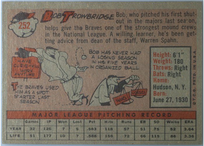 1958 Topps #252 Bob Trowbridge, Milwaukee Braves card back