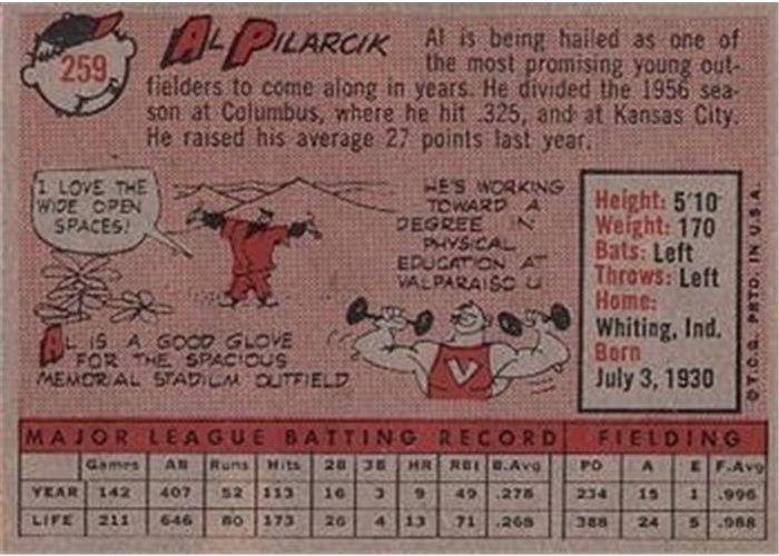 1958 Topps #259 Al Pilarcik, Baltimore Orioles card back