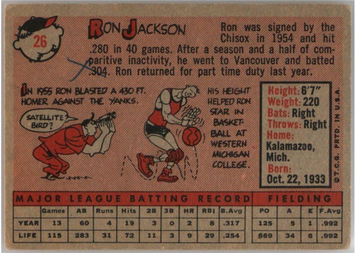 1958 Topps #26 Ron H. Jackson, Chicago White Sox card back