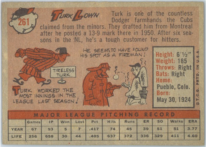 1958 Topps #261 Turk Lown, Chicago Cubs card back