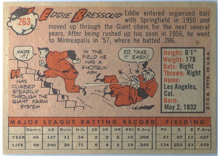 1958 Topps #263 Eddie Bressoud, San Francisco Giants card back