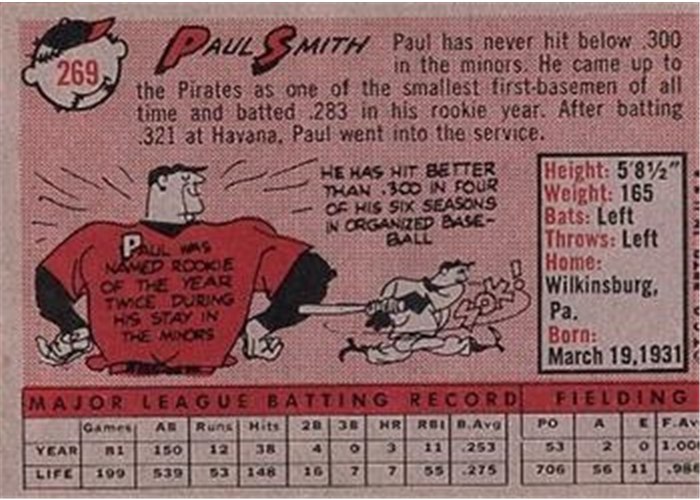1958 Topps #269 Paul Smith, Pittsburgh Pirates card back