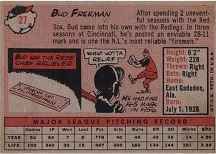 1958 Topps #27 Bud Freeman, Cincinnati Reds card back