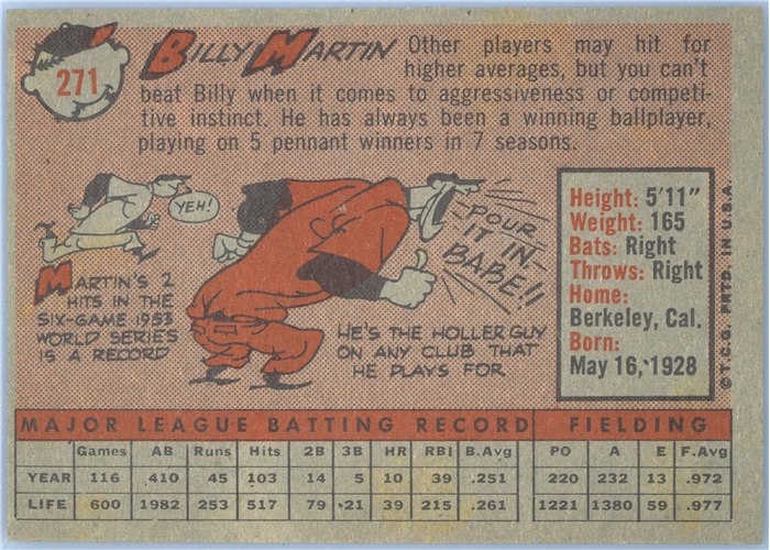 1958 Topps #271 Billy Martin, Detroit Tigers card back
