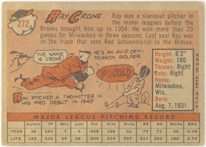 1958 Topps #272 Ray Crone, San Francisco Giants card back