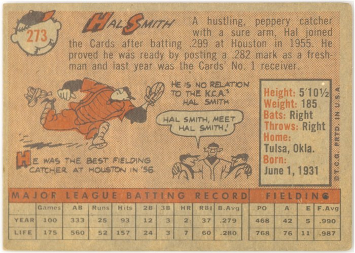 1958 Topps #273 Hal R. Smith, St. Louis Cardinals card back