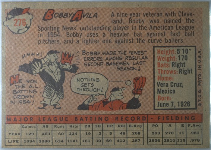 1958 Topps #276 Bobby Avila, Cleveland Indians card back