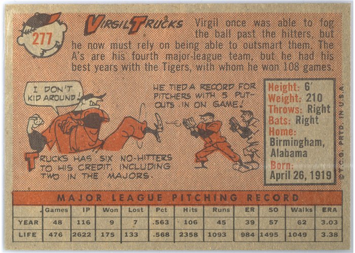 1958 Topps #277 Virgil Trucks, Kansas City Athletics card back