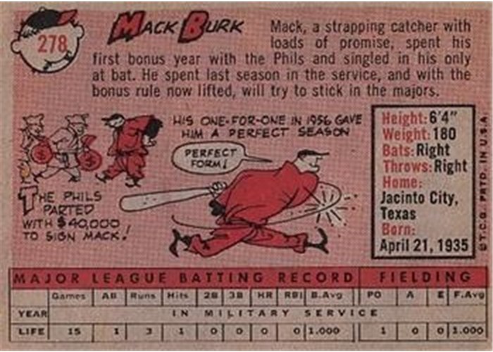 1958 Topps #278 Mack Burk, Philadelphia Phillies card back