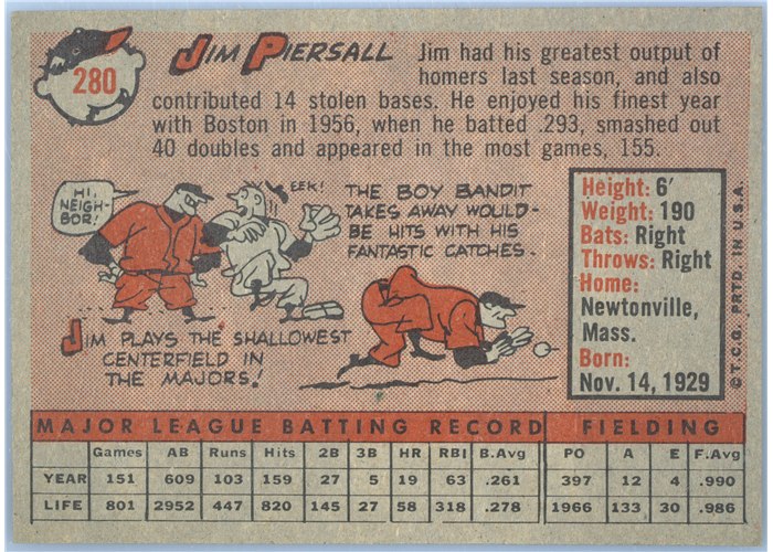 1958 Topps #280 Jim Piersall, Boston Red Sox card back