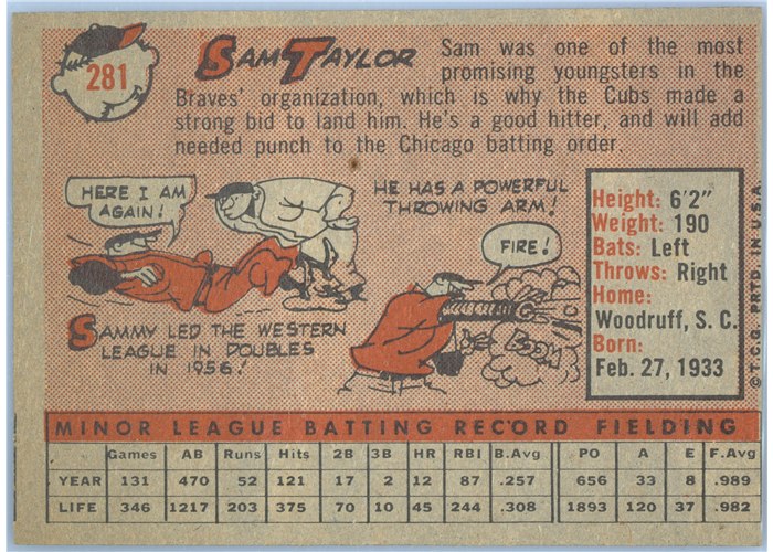 1958 Topps #281 Sammy Taylor, Chicago Cubs card back