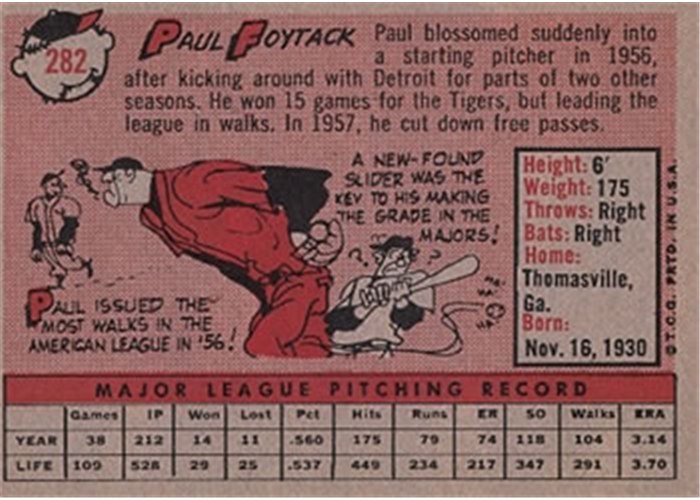 1958 Topps #282 Paul Foytack, Detroit Tigers card back