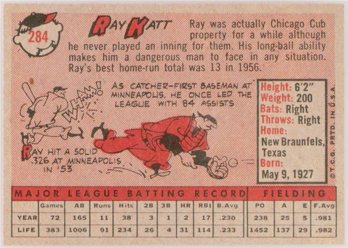 1958 Topps #284 Ray Katt, San Francisco Giants card back
