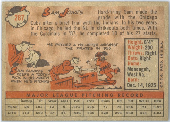 1958 Topps #287 Sam Jones, St. Louis Cardinals card back