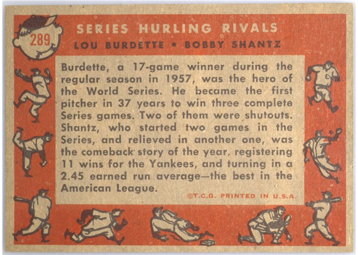 1958 Topps #289 Series Hurling Rivals - Lou Burdette / Bobby Shantz, New York Yankees card back