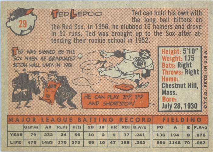 1958 Topps #29 Ted Lepcio, Boston Red Sox card back