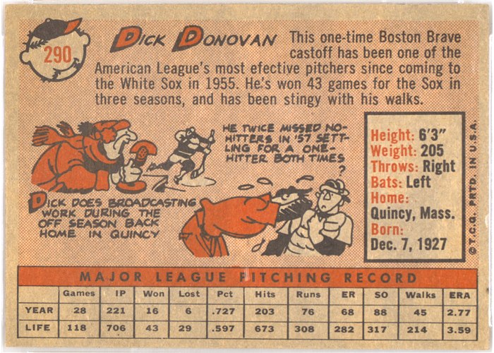 1958 Topps #290 Dick Donovan, Chicago White Sox card back