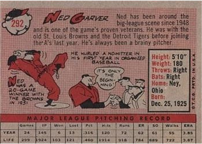 1958 Topps #292 Ned Garver, Kansas City Athletics card back