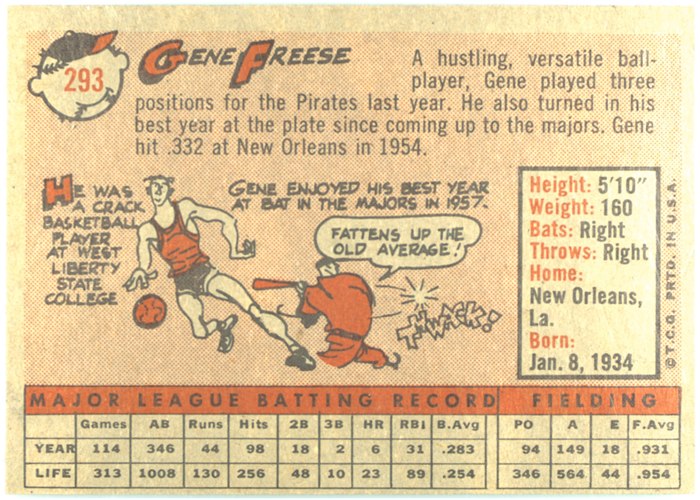 1958 Topps #293 Gene Freese, Pittsburgh Pirates card back