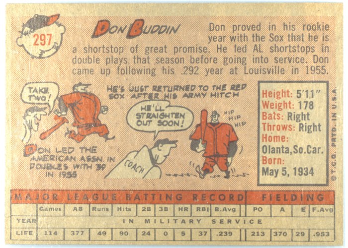 1958 Topps #297 Don Buddin, Boston Red Sox card back