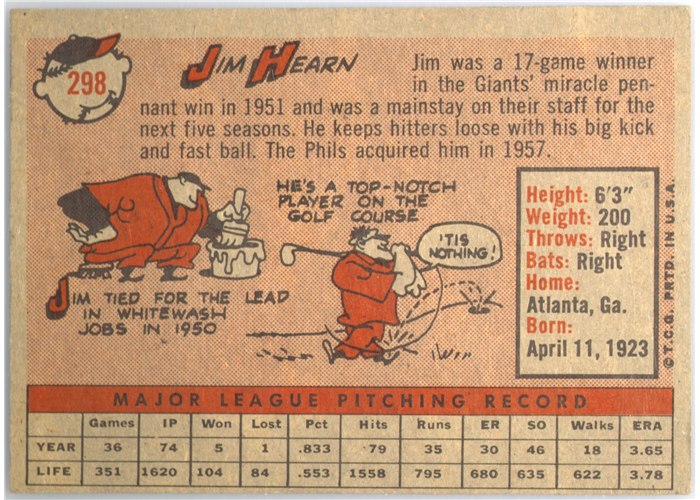 1958 Topps #298 Jim Hearn, Philadelphia Phillies card back