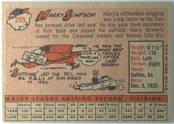 1958 Topps #299 Harry Simpson, New York Yankees card back