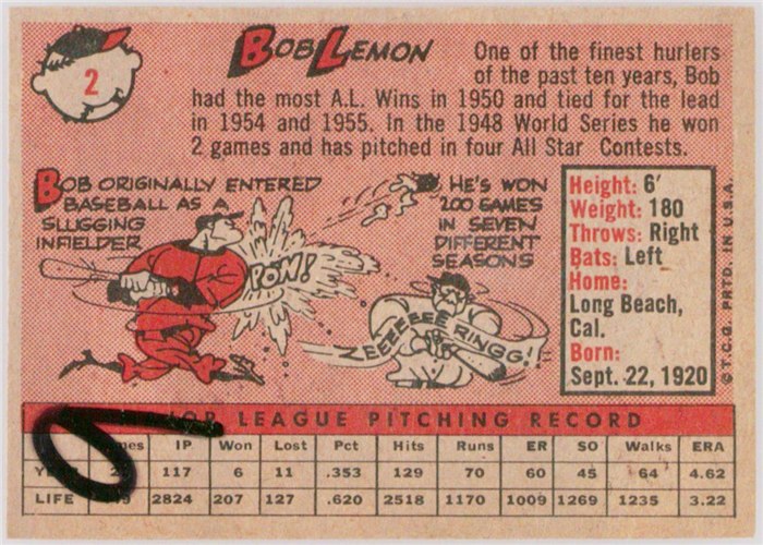 1958 Topps #2B Bob Lemon, Cleveland Indians, Yellow Team variation card back