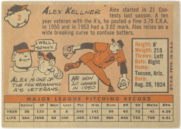 1958 Topps #3 Alex Kellner, Kansas City Athletics card back
