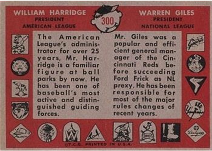 1958 Topps #300 League Presidents - Will Harridge / Warren Giles card back