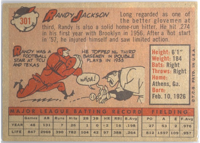 1958 Topps #301 Randy Jackson, Los Angeles Dodgers card back