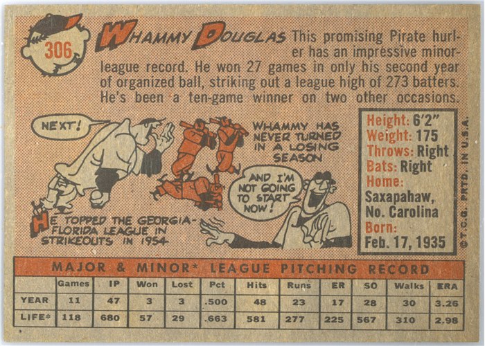 1958 Topps #306 Whammy Douglas, Pittsburgh Pirates card back