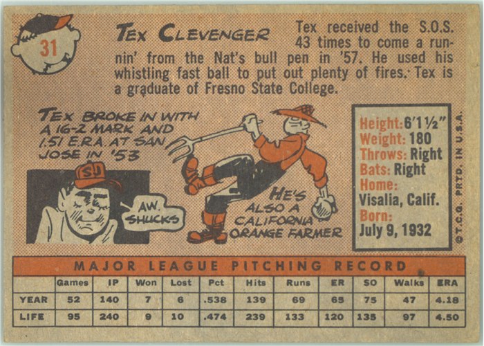 1958 Topps #31 Tex Clevenger, Washington Senators card back