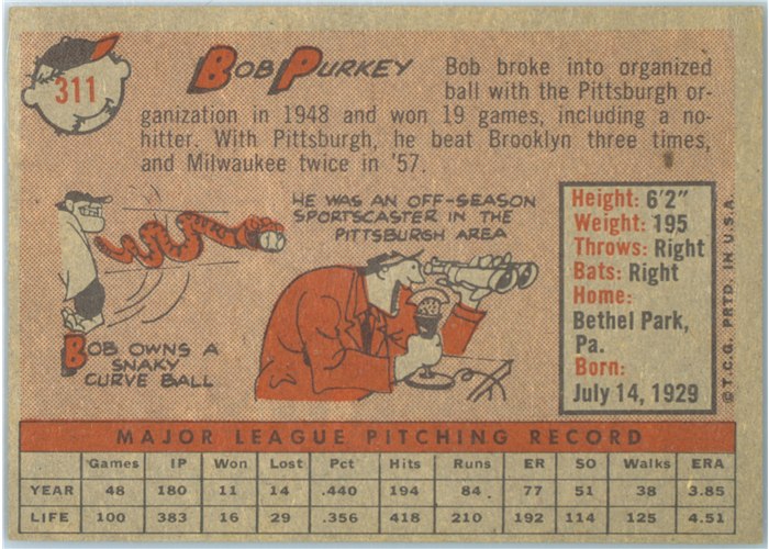 1958 Topps #311 Bob Purkey, Cincinnati Reds card back