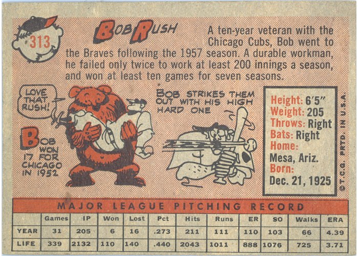 1958 Topps #313 Bob Rush, Milwaukee Braves card back